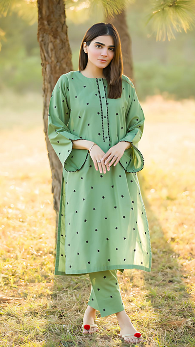 Green Embroidered Stitched Co-Ord 2 Pc