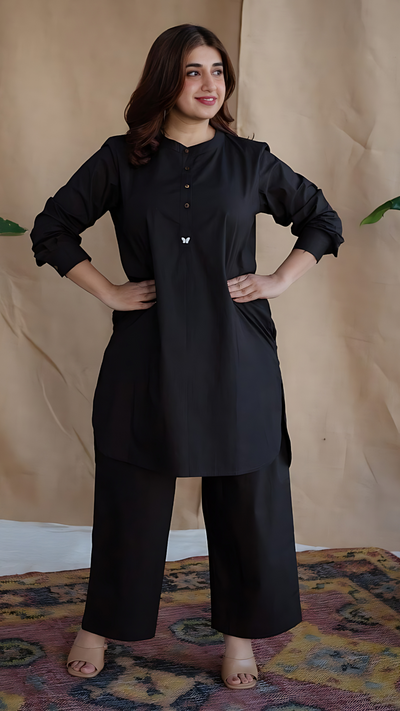 Black Poplin Cotton Embroidered Two Piece Co-Ord Set